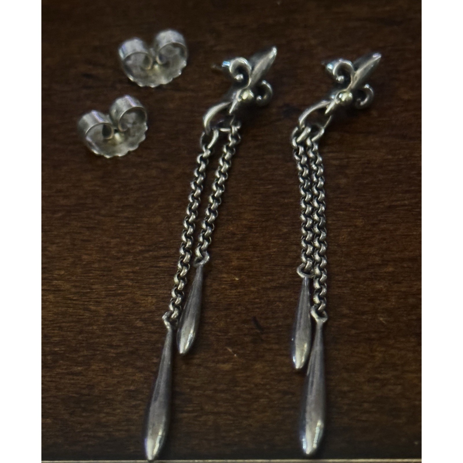 Vintage 925 Sterling Silver & 18k Gold Fleur De Lis King Rolo Chain Earrings